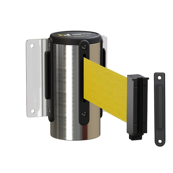 Montour Line Retr. Belt Barrier Wall Mnt Pol. Stainless Case Fxd, 11' YLW Belt MWM100-PS-YW-F-S-110 - main